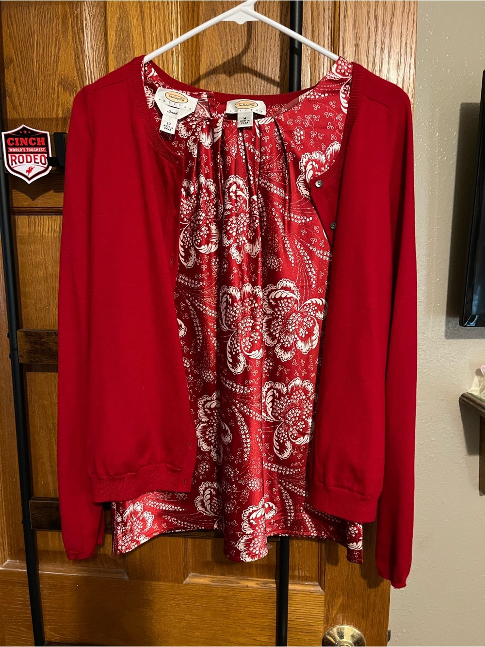 Talbots Red Floral-Print 2 piece Cardigan Sweater Med Petite SILK EUC